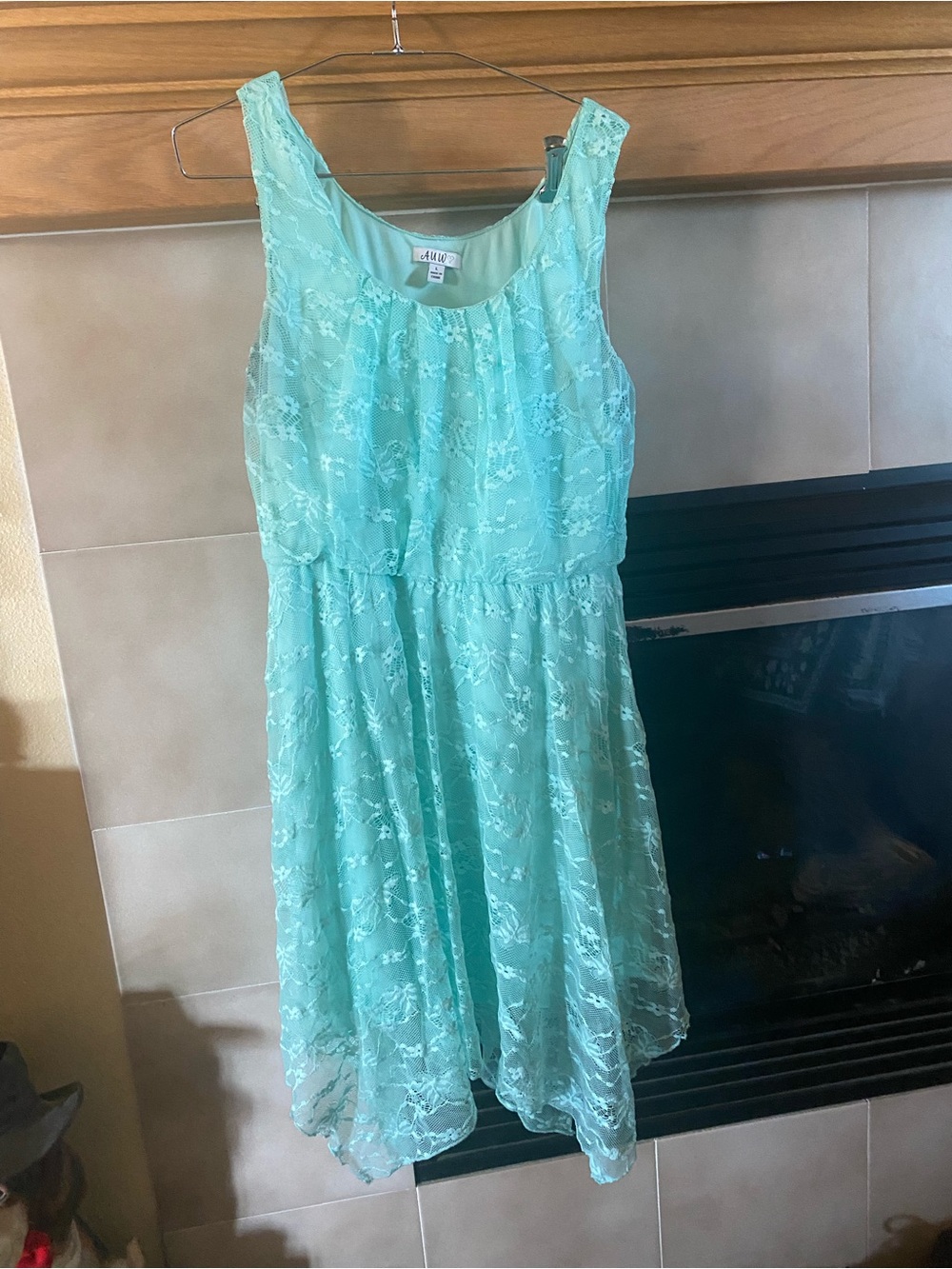Juniors Lace Overlay Tank Dress in Mint Green size L